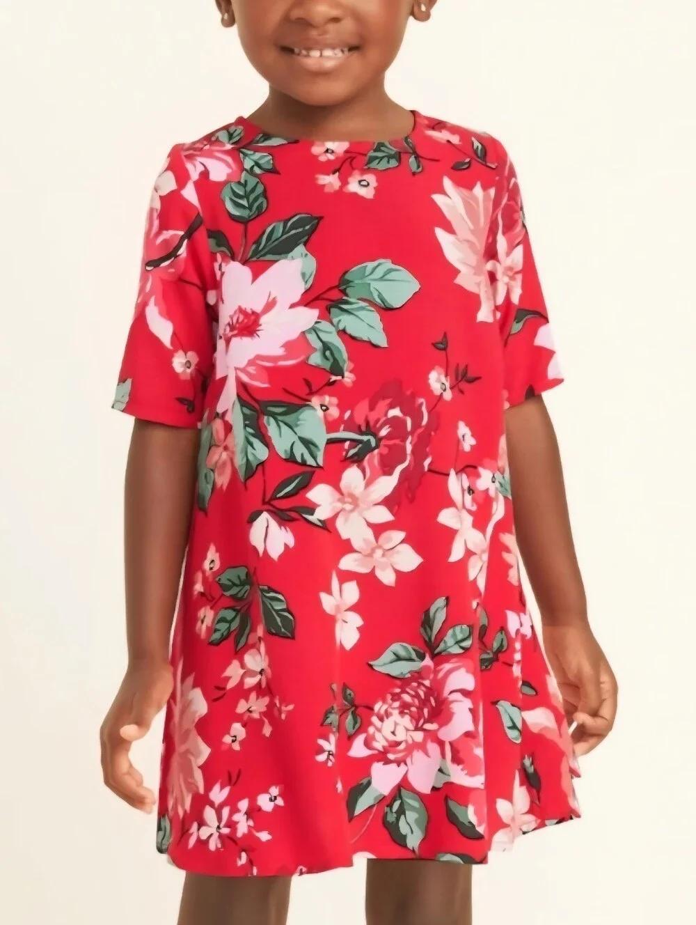 Old Navy Girl's 5T Wow Shift Dress Red Empire Apple Floral Print Short Sleeve